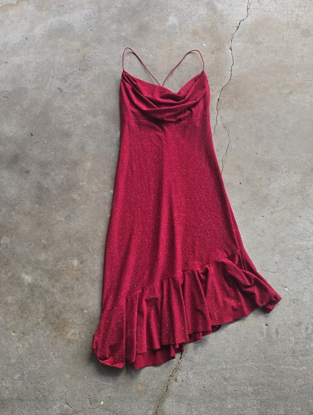 Vintage Y2K City Triangles Red Sparkle Glitter Asymmetrical ruffle dress S